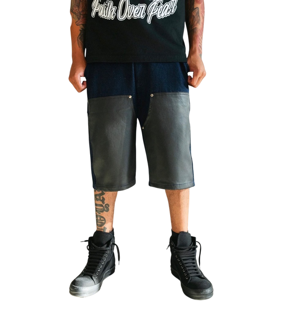 ABSTRACT DENIM CARPENTER SHORTS