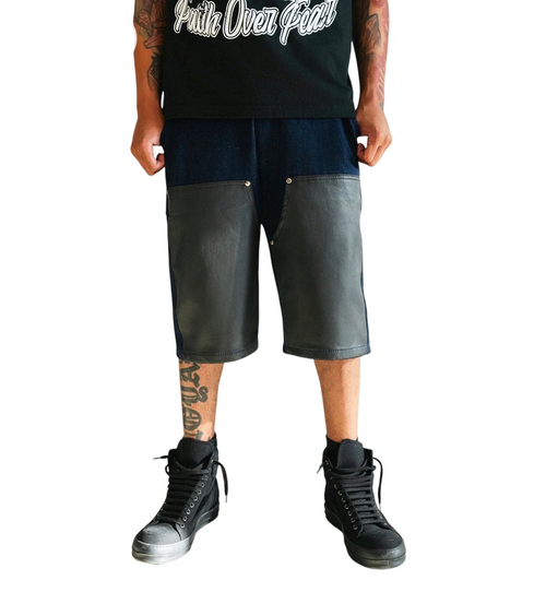 ABSTRACT DENIM CARPENTER SHORTS