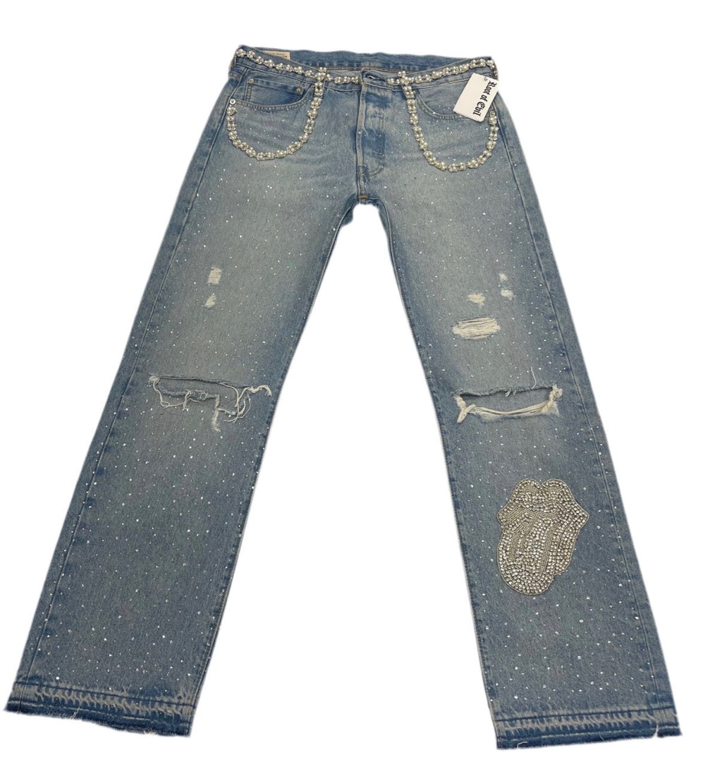 ROOT OF EVIL CRUSHED ICE AND PEARLS JEANS