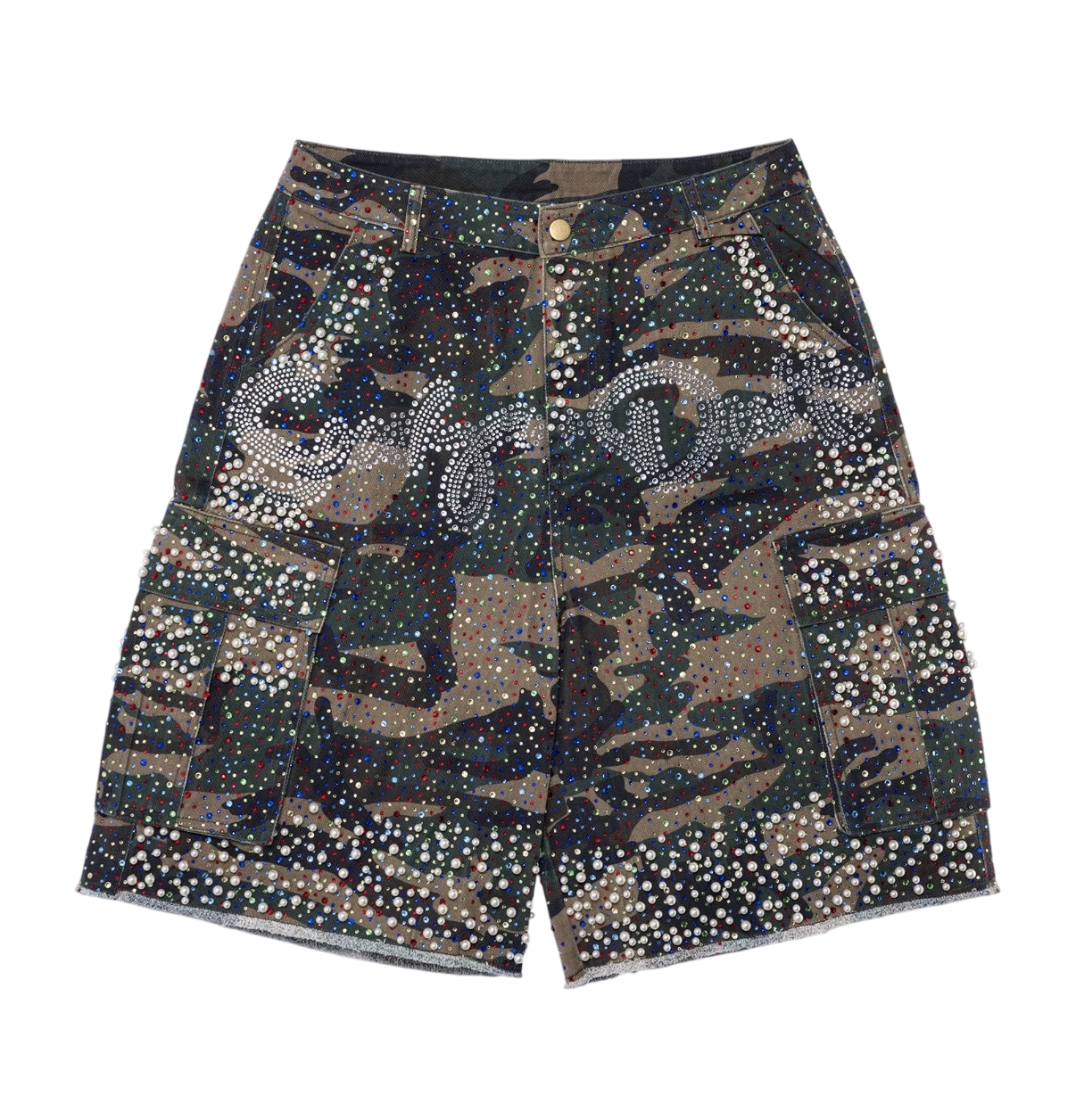 SAAVY DULTS CAMOU RHINESTONES JORTS