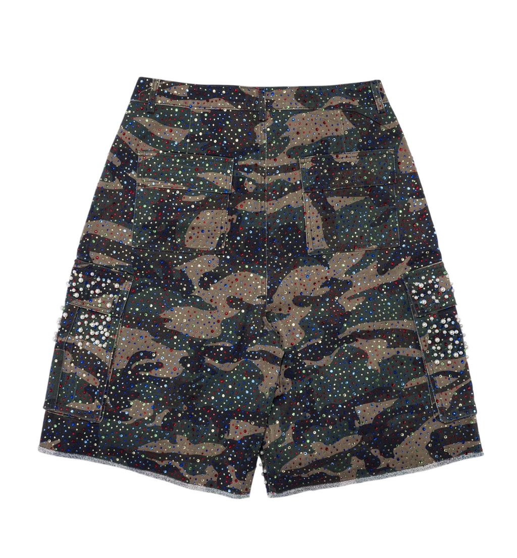 SAAVY DULTS CAMOU RHINESTONES JORTS