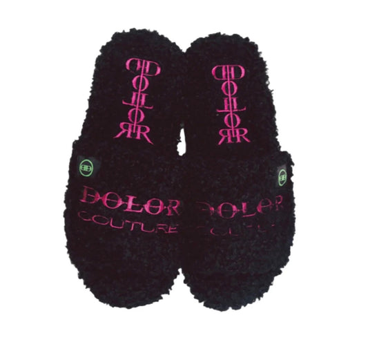 DOLOR COUTURE FURRY SLIDES BLACK/PINK
