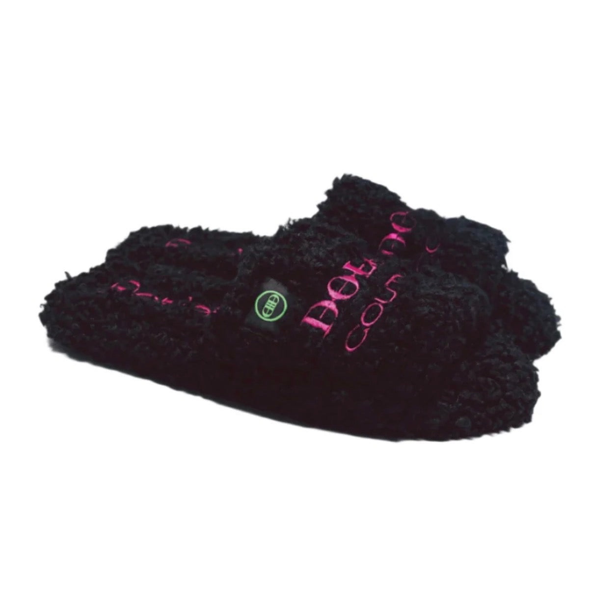DOLOR COUTURE FURRY SLIDES BLACK/PINK
