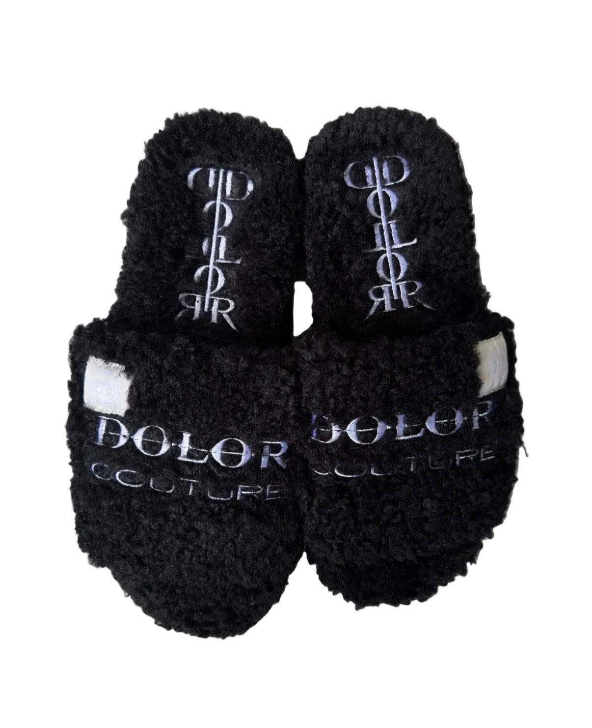DOLOR COUTURE FURRY SLIDES BLACK/WHITE