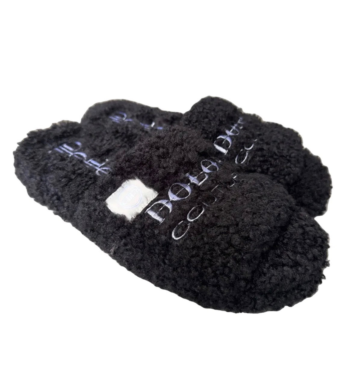 DOLOR COUTURE FURRY SLIDES BLACK/WHITE