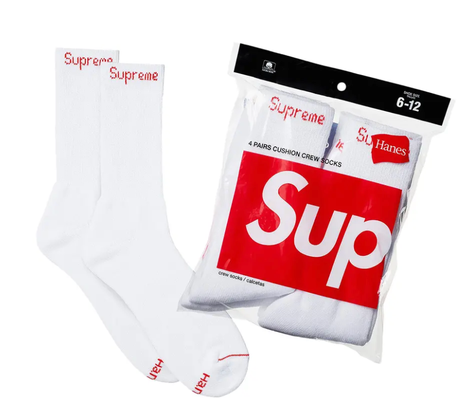 SUPREME X HANES CREW SOCKS (4PACK) WHITE