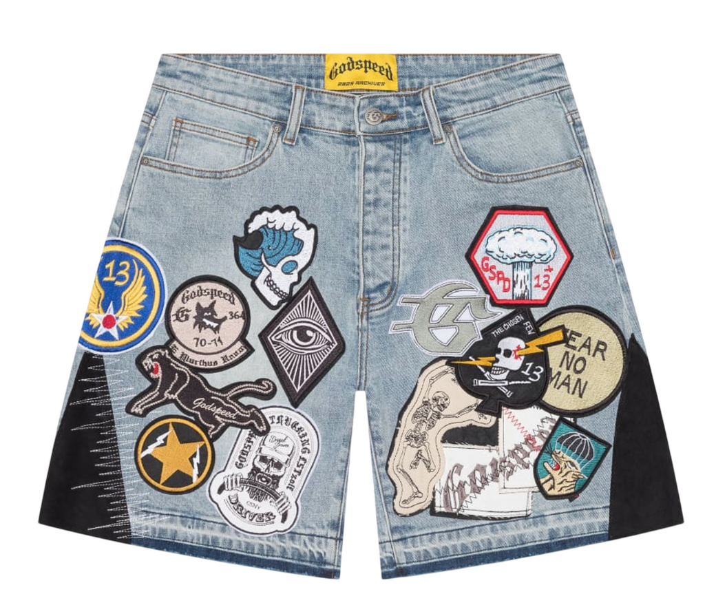 GODSPEED PATCHWORK DENIM SHORTS BLUE
