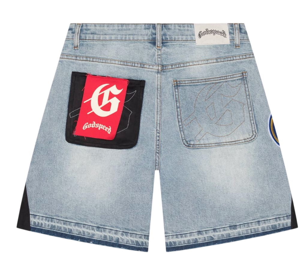 GODSPEED PATCHWORK DENIM SHORTS BLUE