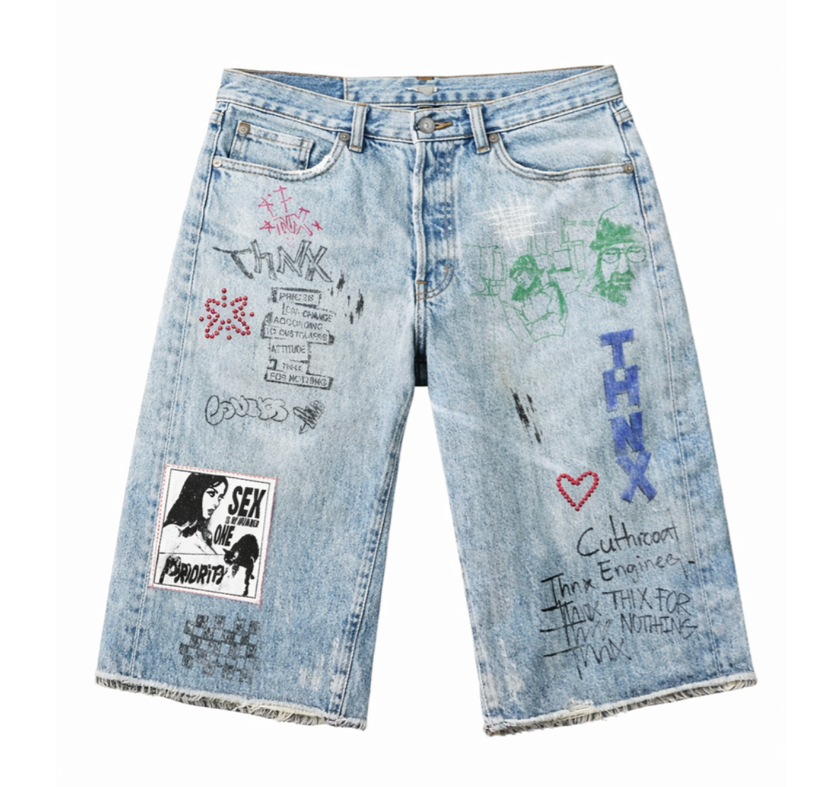 THNX FOR NOTHING LOVERS BLUE DENIM JORTS